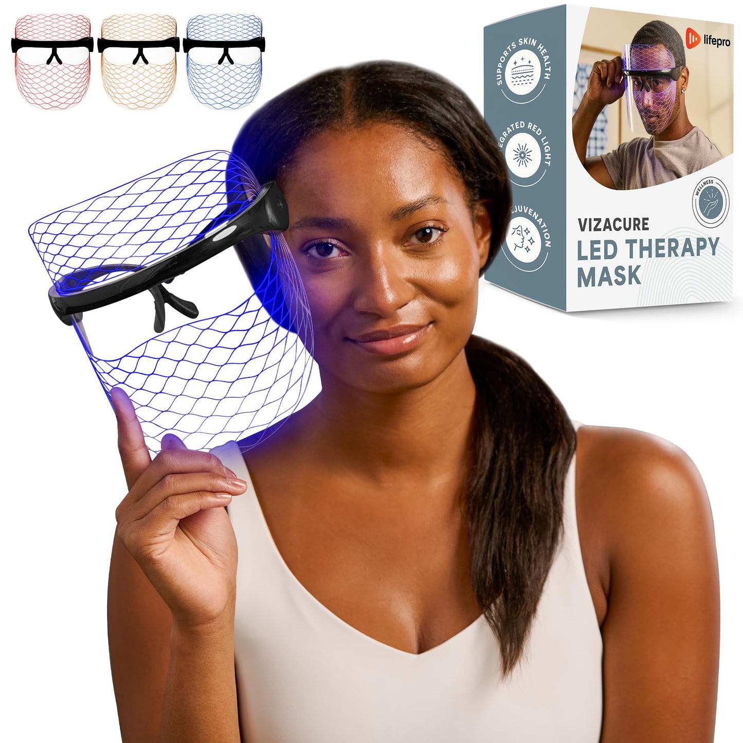 LifePro VizaCure LED Face Therapy Mask - Black LED Skin Rejuvenation Mask