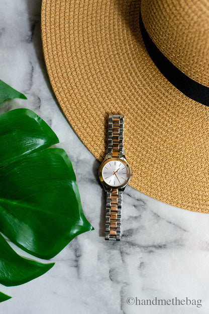 Michael Kors Slim Runway Rose Gold Silver Toned Stainless Steel Watch
